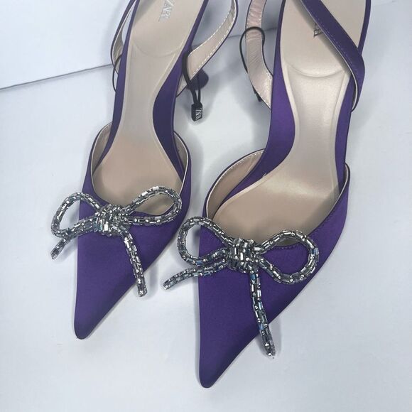 ZARA 💜 EMBELLISHED RHINESTONE BOW HEELED SLINGBACKS-  Size 9 Purple 🔥 - Picture 11 of 13